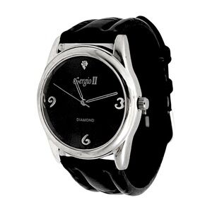 SERGIO ll • Vintage Diamond Watch Black Leather Band New Battery Ready To Wear